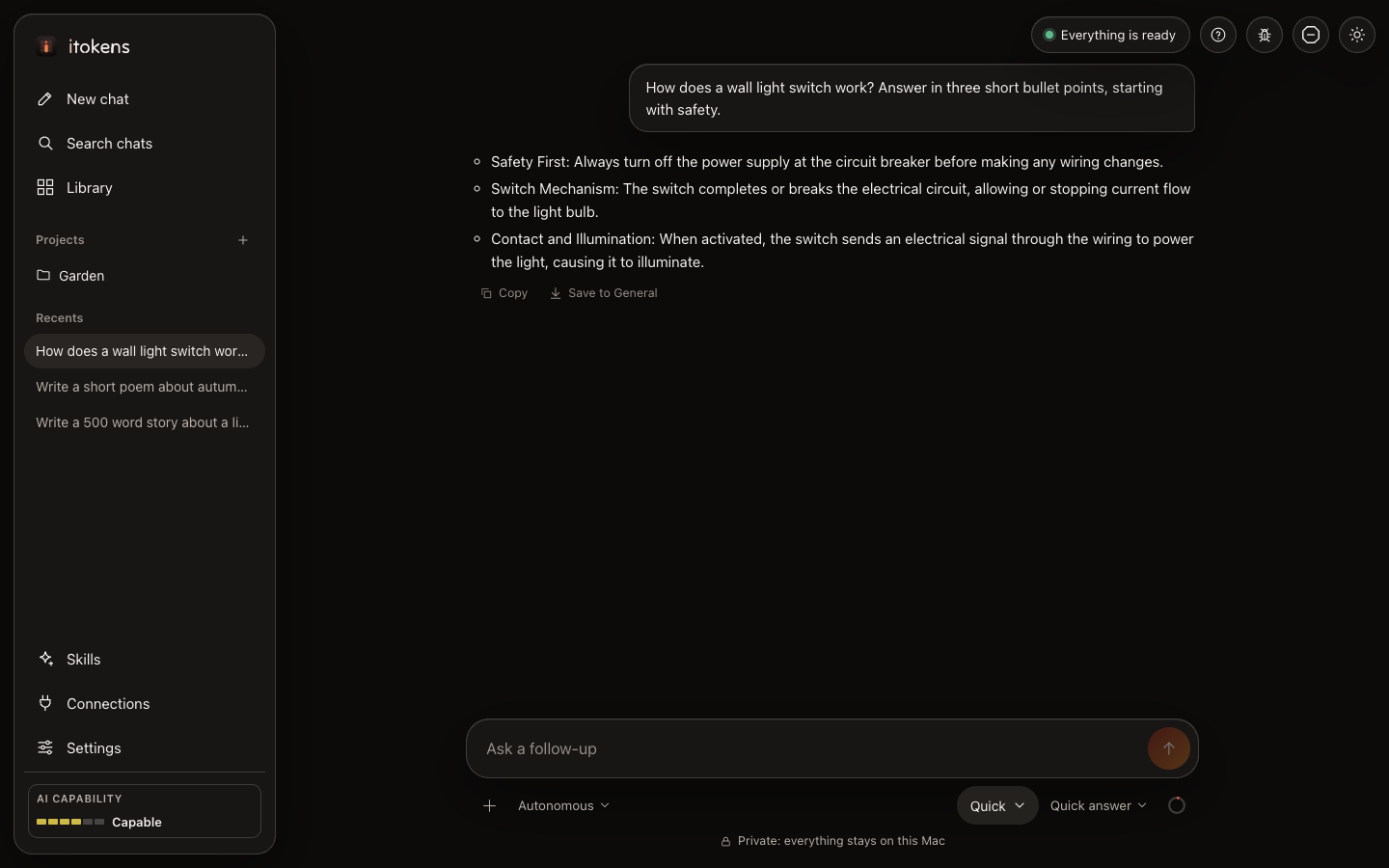 itokens: an everyday question and its answer, with Recents on the left